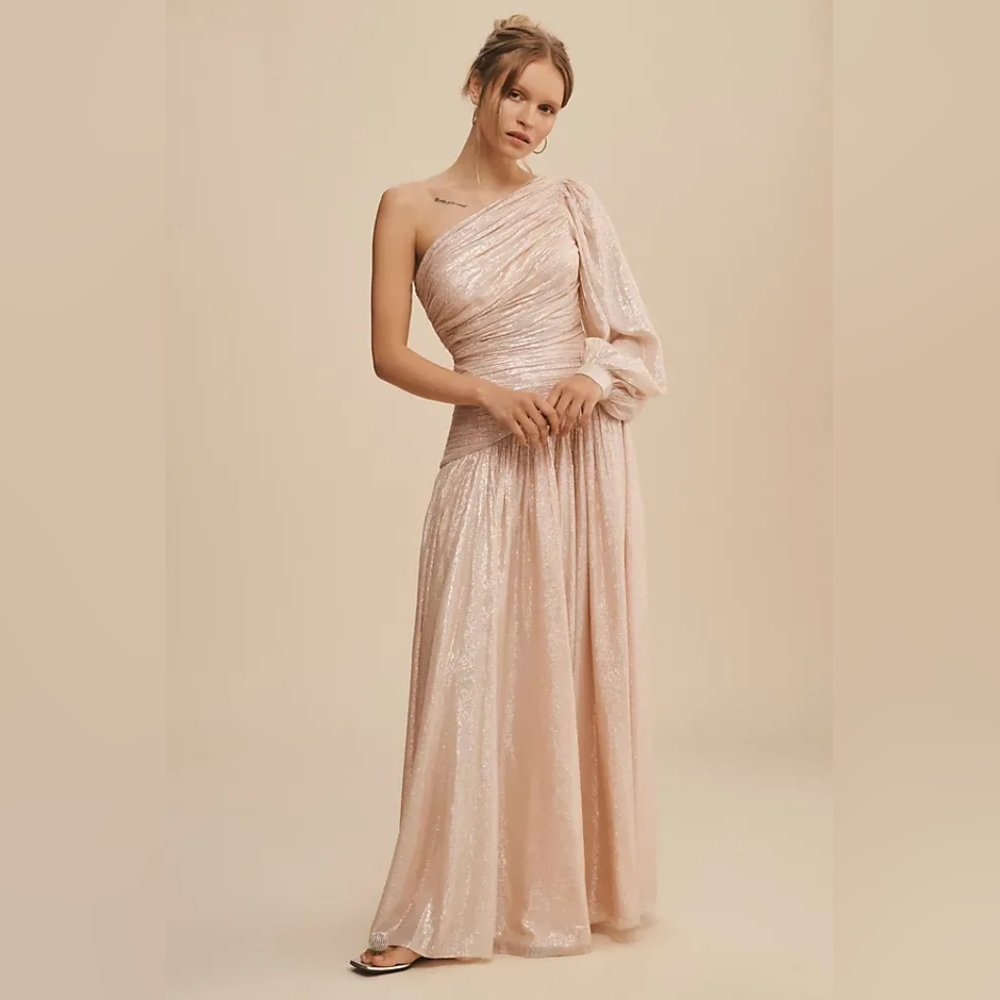 BHLDN Jade Metallic One-Shoulder Asymmetrical-Waist Gown in‎ Petal Pink